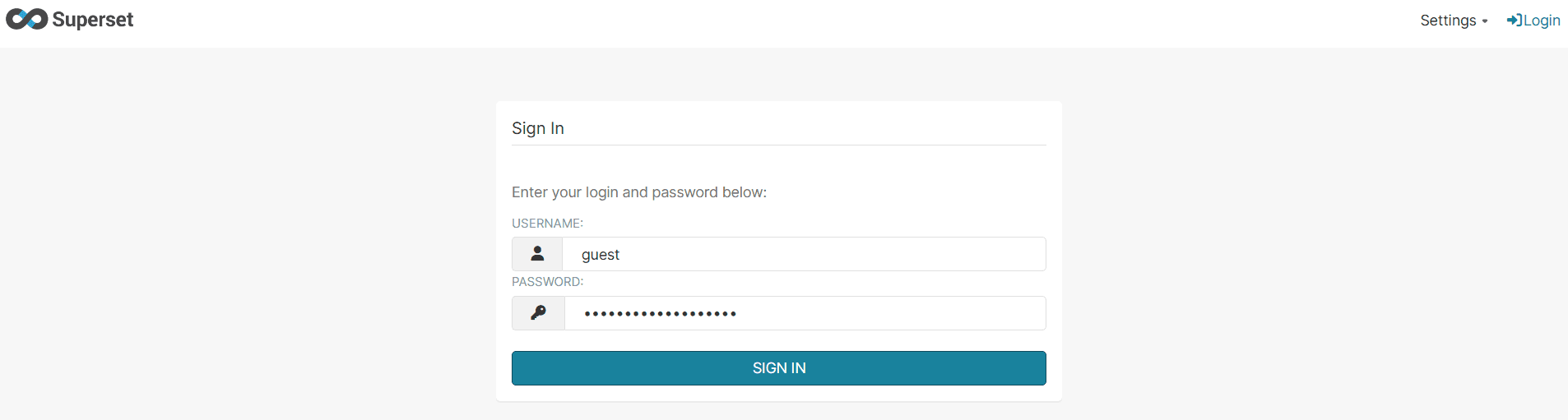 Superset sign-in page with the username and password fields filled in for the guest account.